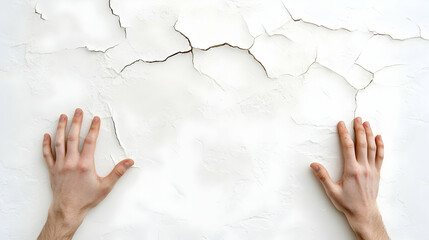 Hands on cracked plaster wall; repair, damage, texture background