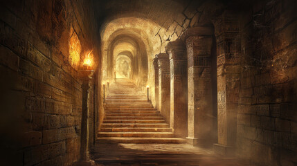 Obraz premium Ancient Egypt palace, castle or pyramid interior. Old pharaoh tomb corridor with bricks walls, pillars, torches, stairs, sand on floor and spiderweb, vector cartoon illustration