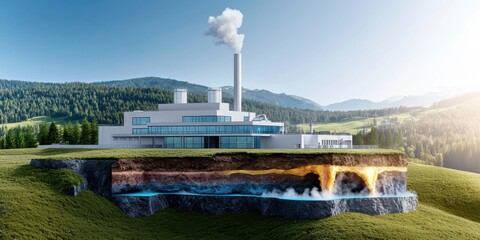 Fototapeta premium Geothermal Energy Concept. Modern building with a chimney emitting smoke, situated on a hillside near a geothermal landscape and forested mountains under a clear sky.