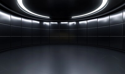 Dark futuristic metallic circular room with bright lights, ideal for product displays