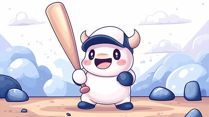 Happy Yeti baseball player at the beach, cartoon style, for kids' books