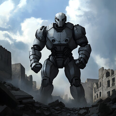 Naklejka premium A large, mechanical humanoid with gears and cogs turning beneath its armor, standing still in a ruined city.