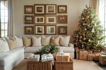 Elegant living room with Christmas tree, gifts, and neutral decor.