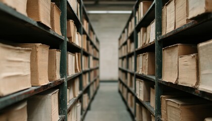 Obraz premium A narrow aisle between tall shelves filled with old books, creating a quiet, scholarly atmosphere in a library or archive.