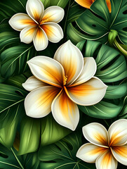 Obraz premium Lush tropical flowers and leaves, vibrant background, summer vacation poster