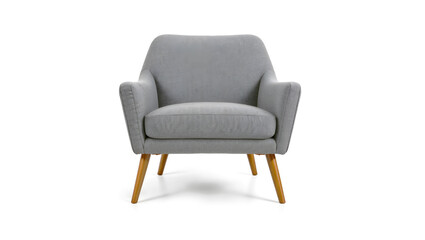 Fototapeta premium A stylish gray armchair with wooden legs, perfect for interior design and modern home decor concepts isolated on white background. Generative AI
