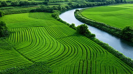 Obraz premium Lush green rice terraces alongside a meandering river; idyllic countryside landscape, perfect for travel brochures