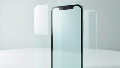Smartphone behind frosted glass in modern studio, minimalist design