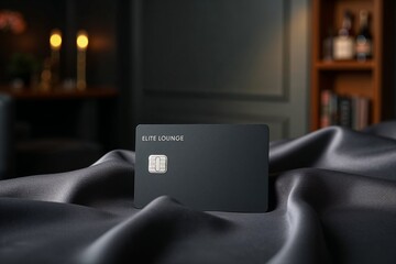 Sleek matte black credit card on dark grey silk cloth, set against elite lounge background, evoking luxury and exclusivity