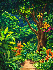 Lush tropical jungle path, vibrant foliage, dappled sunlight, serene background, ideal for travel brochures
