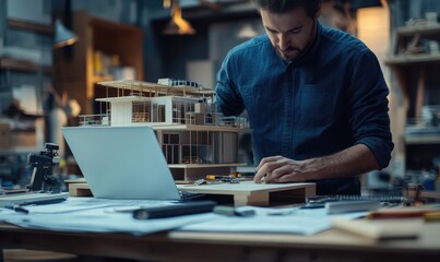 Obraz premium Close up hands of Engineer and worker planning for building and renovate on working table with blue print and laptop