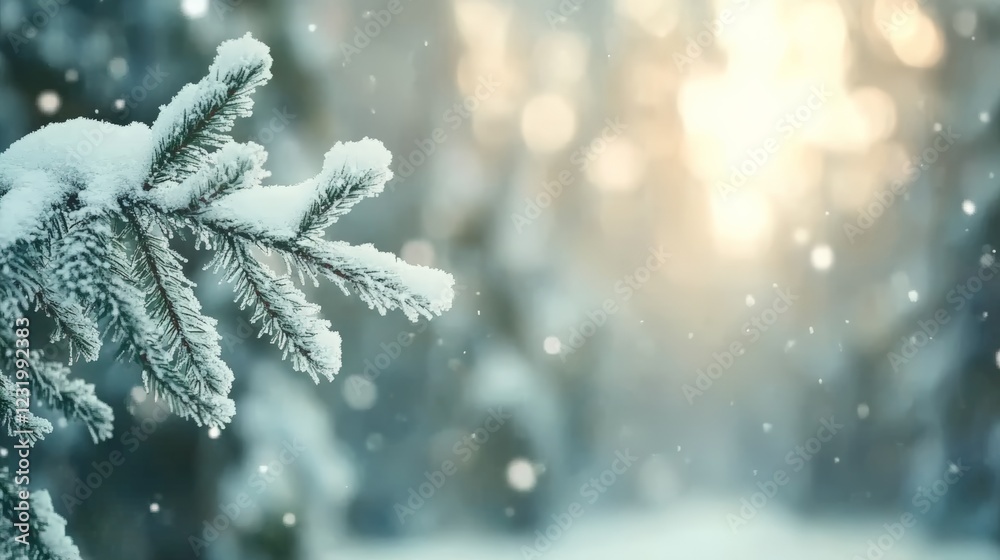 Poster snow gently falling on frosted pine tree branches creates a magical and tranquil atmosphere in a ser