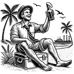 cheerful man sitting on a suitcase at the beach, enjoying a beer, with palm trees, birds, and a cruise ship in the background sketch engraving generative ai PNG. Scratch board. Black and white.