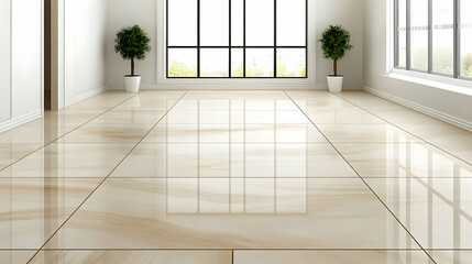 Modern bright room with large windows, shiny tiled floor, and potted plants. Ideal for real estate, interior design, or home improvement websites