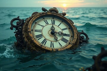 Majestic ornate clock face sinking into the vast ocean, turquoise waves lapping at Roman numerals, seaweed-covered chains and gears emerging, glowing golden accents
