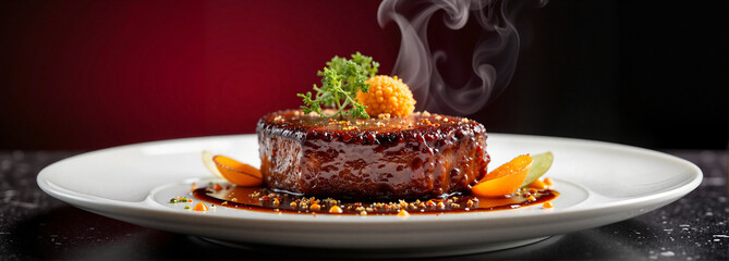 Gourmet porterhouse steak with steam, elegant dining presentation