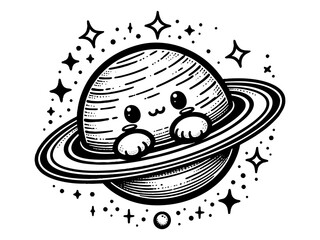 Fototapeta premium Adorable Saturn with a kawaii face, surrounded by stars, blending space and cute cartoon aesthetics sketch engraving generative ai PNG illustration. Scratch board imitation. Black and white image