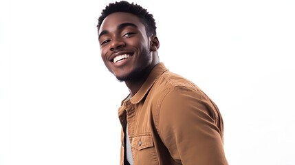 Obraz premium A young man smiles brightly, looking over his shoulder.