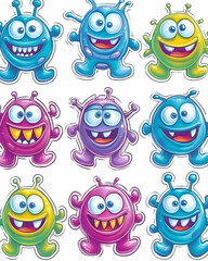 Nine cheerful cartoon monsters; vibrant colors; white background; educational material