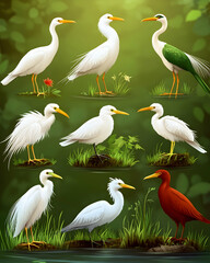 Obraz premium Nine white herons and one reddish egret posed against a lush green background, ideal for nature guides or wildlife documentaries