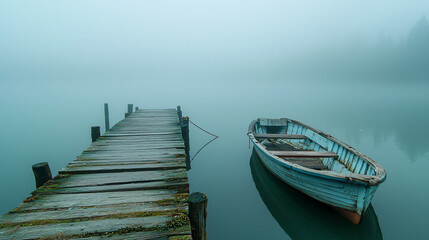 Obraz premium Foggy Lake Pier with Wooden Rowboat on Still Water and Misty Woods in the Distance