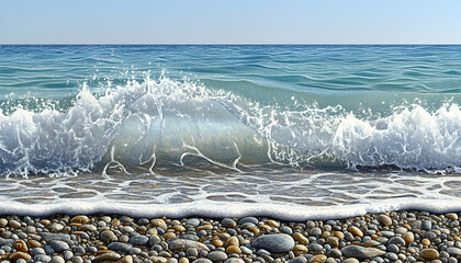 Ocean wave crashing on pebble beach, sunny sky background.  Perfect for travel, vacation websites