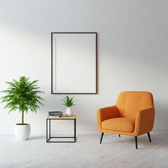 modern living room interior with orange chair and picture frame mockup. mockup picture frame on wall in minimalist bright interior with orange armchair, small table and houseplant.