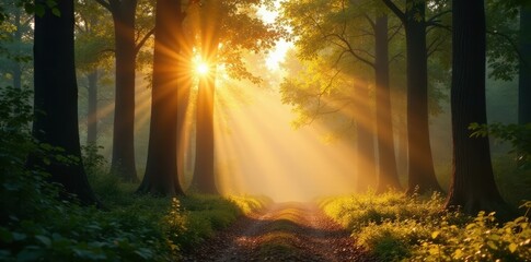 Towering trees, golden sunlight filtering through leaves, magical dust , trees, picturesque