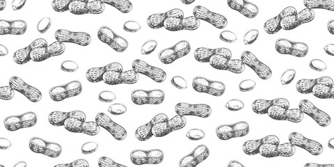 Seamless pattern with pile of peanuts in shells in sketch style. Black and white engraved raw peanuts isolated on white background. Background with hand drawn nuts or beans
