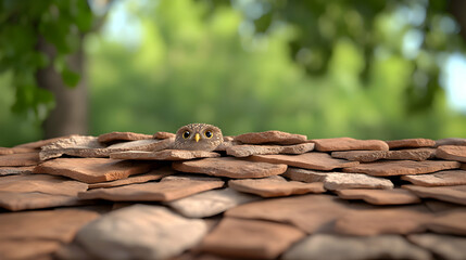 Obraz premium Owl peeking from terracotta roof, forest background; nature, wildlife, children's book illustration