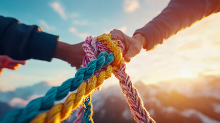 Golden Hour Teamwork: A Colorful Rope Bonds Two Hands Against a Mountain Sunset