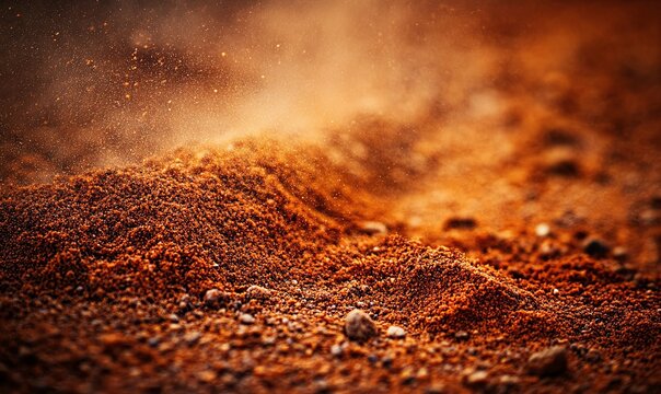 Dust blowing over textured red dirt mound, close-up, background blurred, ideal for backgrounds