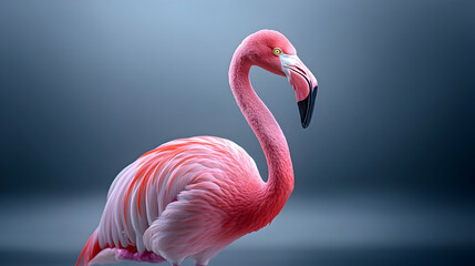 Naklejka premium Pink flamingo portrait, studio shot, grey background, wildlife photography, ideal for zoological websites