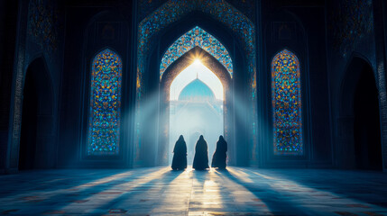 Sunlit Passage: Three Figures in a Mosque