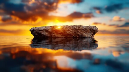 A serene rock island illuminated by a glowing sunset, beautifully reflected on a tranquil water surface, evoking feelings of peace and connection with nature, perfect for calming imagery.