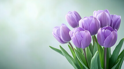 Naklejka premium Purple tulips bouquet, spring flowers, soft background, greeting card design
