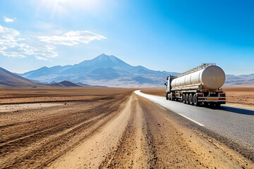 Tanker truck on desert highway, mountain backdrop