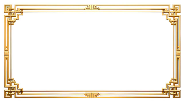 Vintage Gold Rectangle Frame &ndash; Oriental Style, Horizontal Border, PNG with Transparent Background
