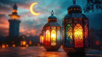 Obraz premium Vibrant Islamic Lanterns with Intricate Glass Panels and Crescent Moon – Glowing Ramadan Scene