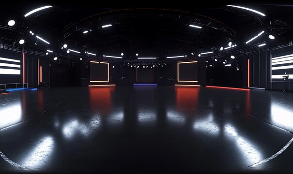 Empty illuminated stage in dark studio, ready for event or performance, 360 view