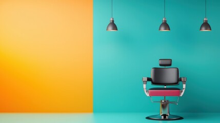 A black chair is sitting in front of a wall with a bright orange