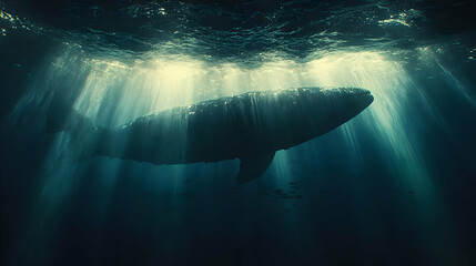 Naklejka premium Pixel Art Whale Silhouette Underwater Sunlight Dark Blue Ocean