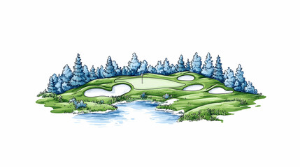 Serene golf course landscape, water feature, winter trees, putting green. Ideal for golf brochure