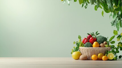 A basket of fruits and vegetables on a table