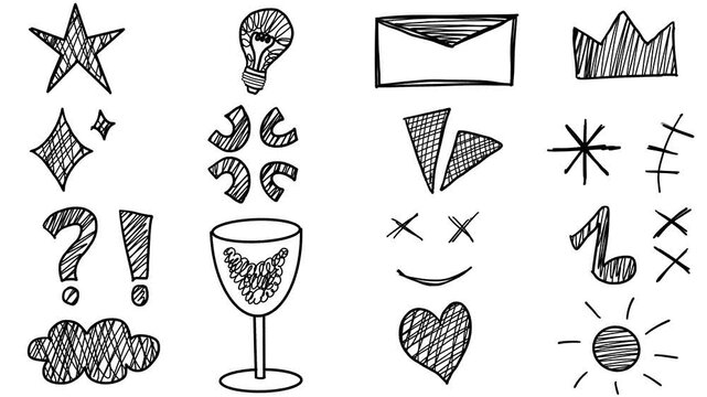 Cute doodle icons, wiggle animation stickers: Star, bulb idea, mail, crown, question mark, cloud, heart, sun, glass, music notes, suprised rough pencil crayon on a white, green, black background