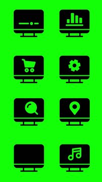 Iconos animados de pantallas con diferentes funciones en fondo verde