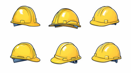 Six yellow hard hats, various angles, white background; safety, construction, industry icon set