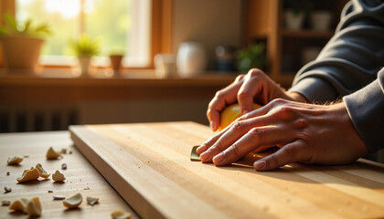 Obraz premium Focused craftsmanship in cozy garage, creating polished wood