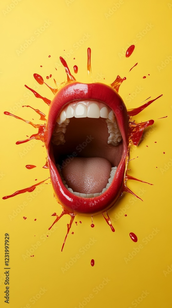 Poster open mouth with red lipstick and white teeth is surrounded by a splash of red paint on a vibrant yel