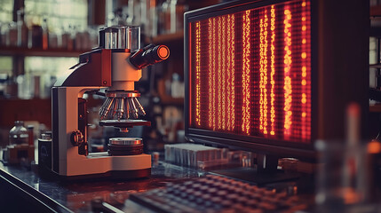 A sophisticated microscope sits beside a computer screen displaying glowing red code, evoking themes of scientific research, genetic engineering, or data analysis.